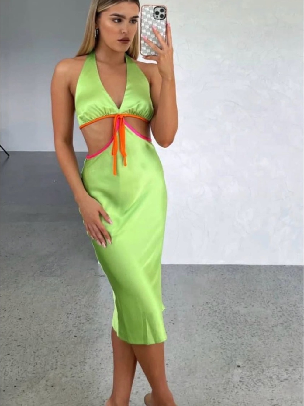 New Tiger Mist Lime Halter Cutout Midi Dress with Neon Orange & Pink Trim